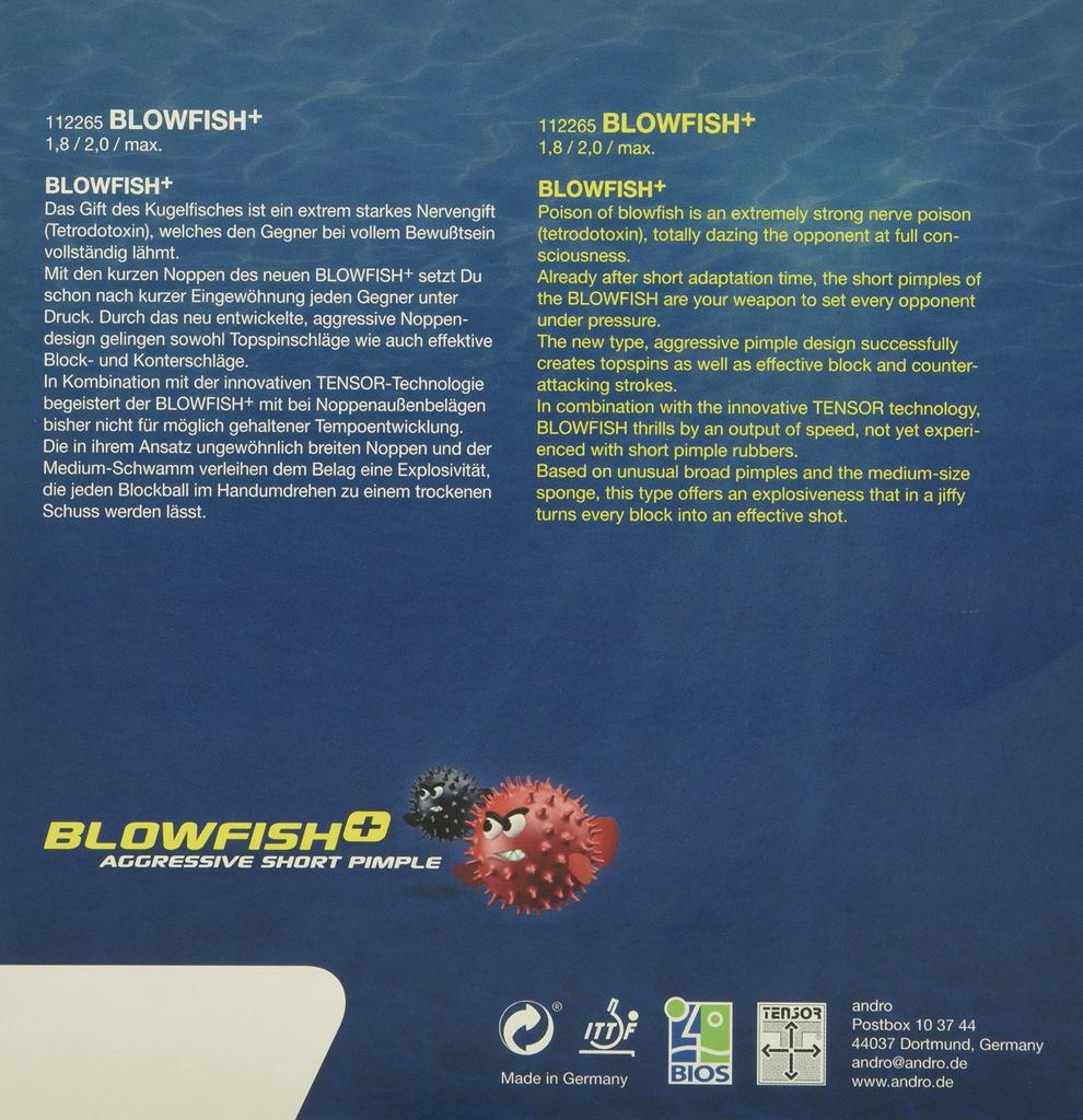 Andro Blowfish Plus Tension Table Tennis 112265 Rubber, Black, 1.8mm,