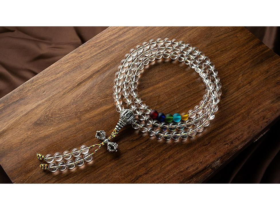 8-12mm White Crystal Buddhist Beads with Glass Rosary & Vajra Accessories.