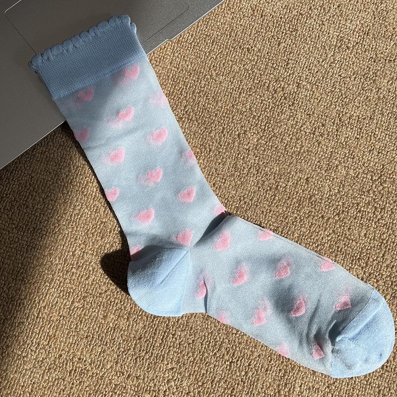 Ladies Spring and Summer Thin Love Crystal Silk Auricle Lace Breathable Cylinder Stack Socks