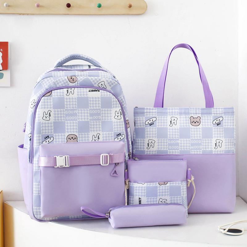 Schoolbag Junior High School School Bag Girls Plaid Elementary School Girls Grade 3 to 6 High School Large Capacity Waterproof Shoulder Set
