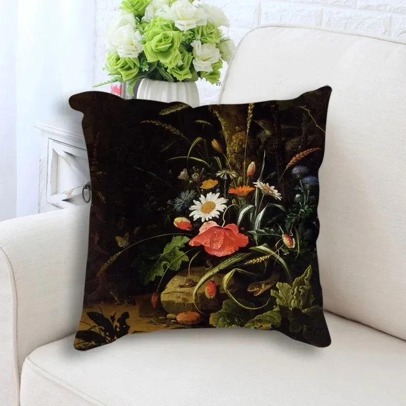 Retro Plant Flower Art Oil Painting Printed Pillow Case Home Decoration Bedroom Room Living Room Sofa Cushion Cover X
