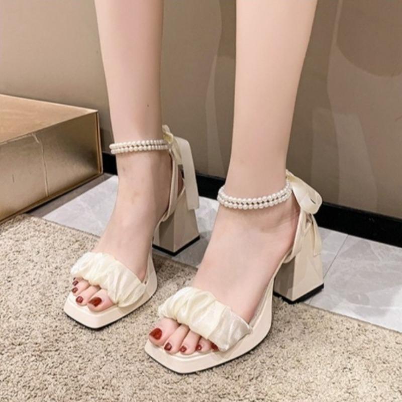 Fashion Mesh Heeled Sandals for Women's Summer New Crystal French Fairy Style Shoes Pearl Chain Luxury Shoes for Women Zapatos De Mujer