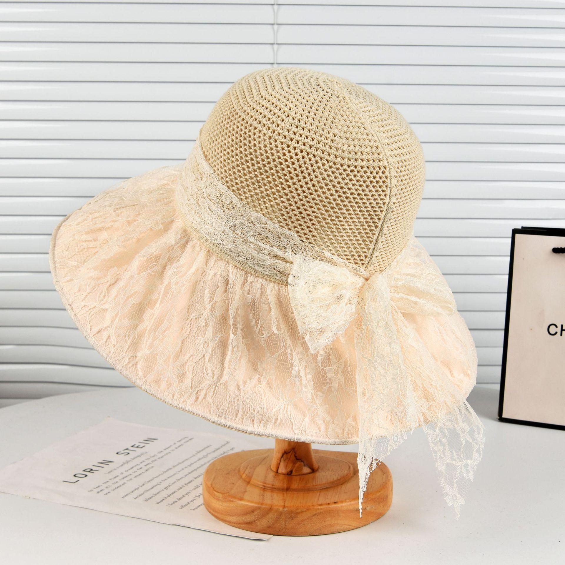 

New sun hat women s summer sun protection bucket hat lace beach hat breathable versatile bow small fresh M（56-58cm） бежевый