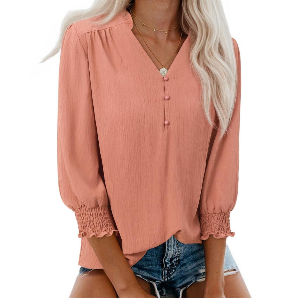 Women's Casual Fashionable V-Neck Blouse With Elasticated Cuffs