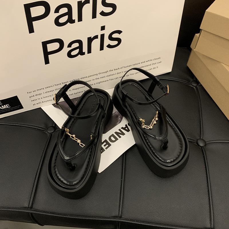 

Дизайнерские сандалии-цепочки женские весенне-летние ретро платформа с открытым носком туфли на платформе с тонкими ремешками туфли с ремешком на пальце пряжка пляжная обувь 40 чёрный