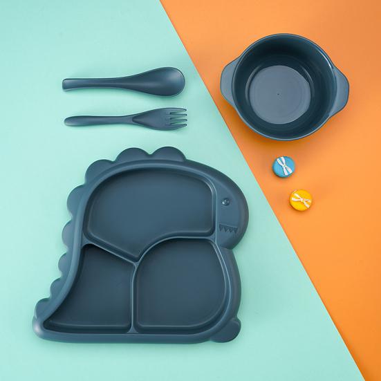 4Pcs/Set Dinner Plate Dinosaur-Shaped Divided Plate Including Bowl Spoon Fork Ergonomic Baby Feeding Utensils Easy to Clean Safe for Kids