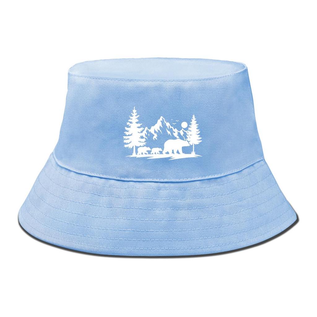 Bucket Hat With White Forest Mountains Print , Animal Fisherman Hat Solid Color Beach Simple Beach Cap