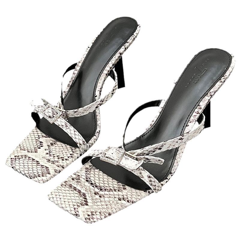 Snake Pattern One-word Buckle with High Heels Women's Summer 2025 Summer New Black Square Head Stiletto Sandals Women's Slippers