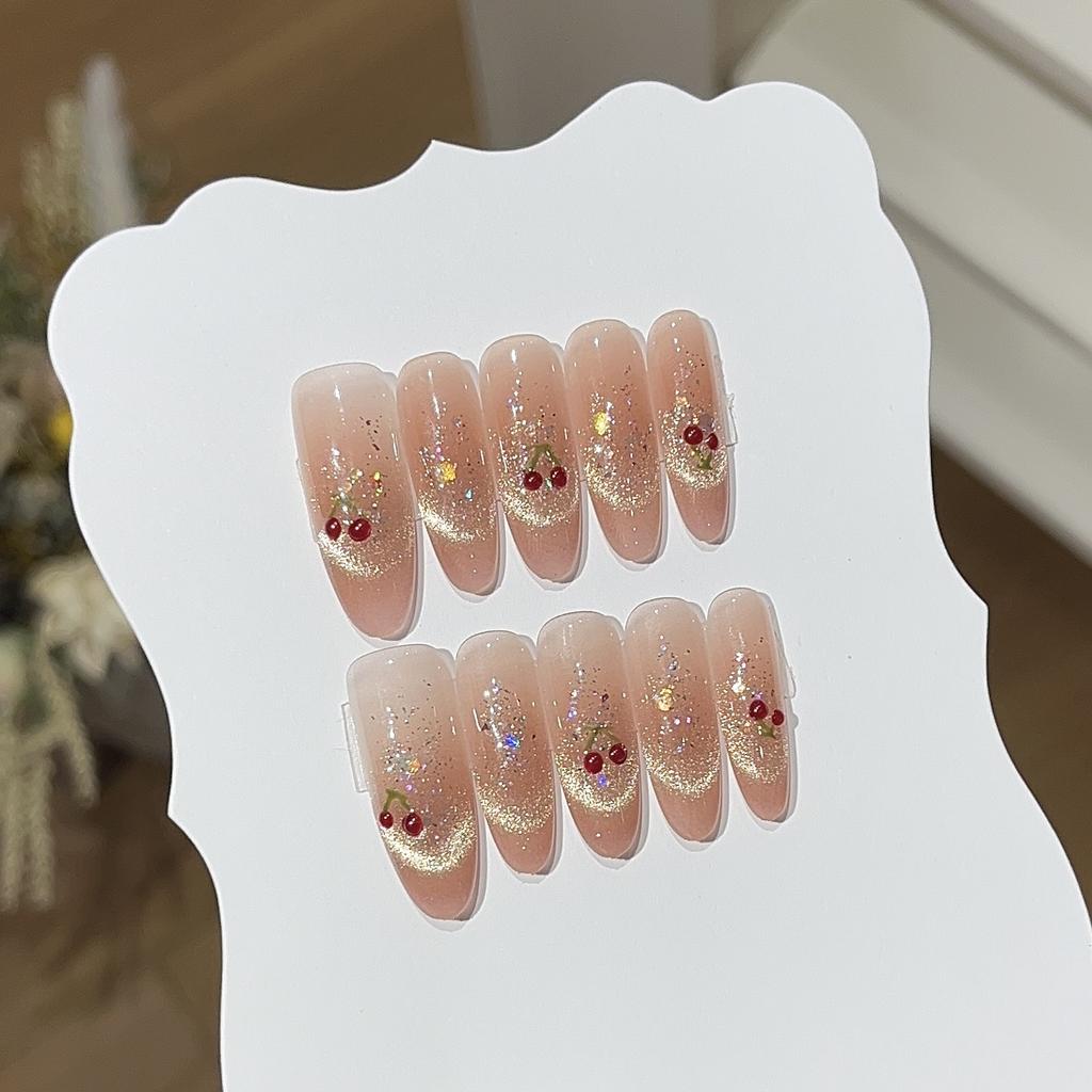 Kirsche Süßer Traum Handgezeichnet Niedlich Kirsche Blinzelnd Goldenes Lächeln Katzenauge Goldfolie Pailletten Rüstung tragen