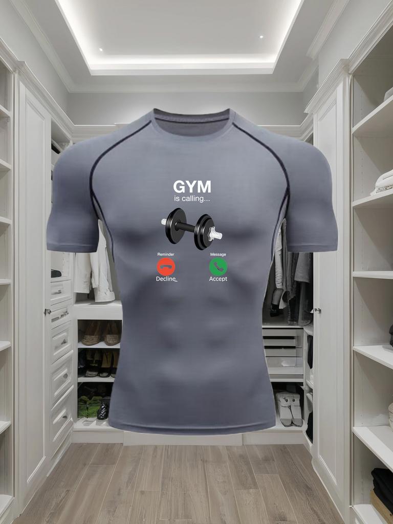 Men's Compression Shirt Quick Dry Gray Gym T-Shirt "GYM Is Calling" Dumbbell Print Workout Sportswear Lifestyle To Gym Men's Compression Shirt