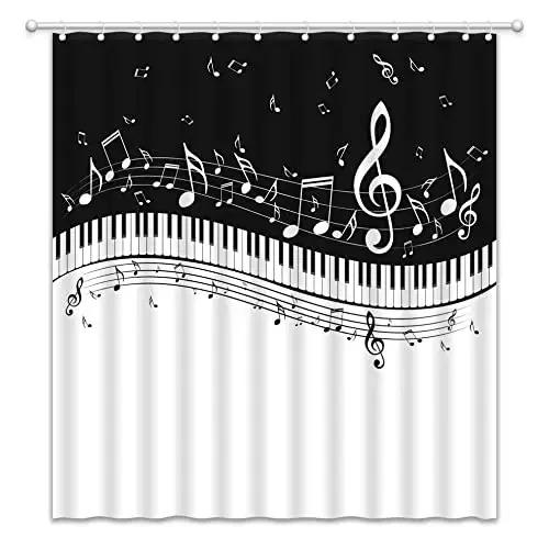 Music Shower Curtain,Black And White Music Notes Bathroom Shower Curtains Polyester Fabric Fashion Gray Bathroom Set With Hooks