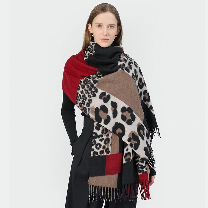 Leopard Print Women's Warm Scarf Color-block Leopard Wrap Shawl