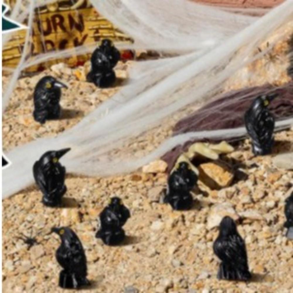 10pcs Resin Halloween Crows Figurines Hand Painted Realistic Mini Crows Decoration Crooked Headed Black Crow Ornaments