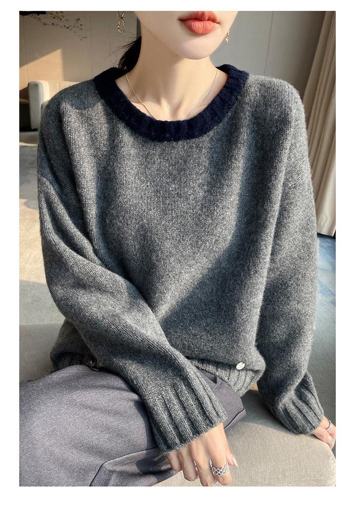 Women's Color Block Pure Wool Round Neck Knit Sweater - Slimming, Loose Fit, Autumn/Winter Style