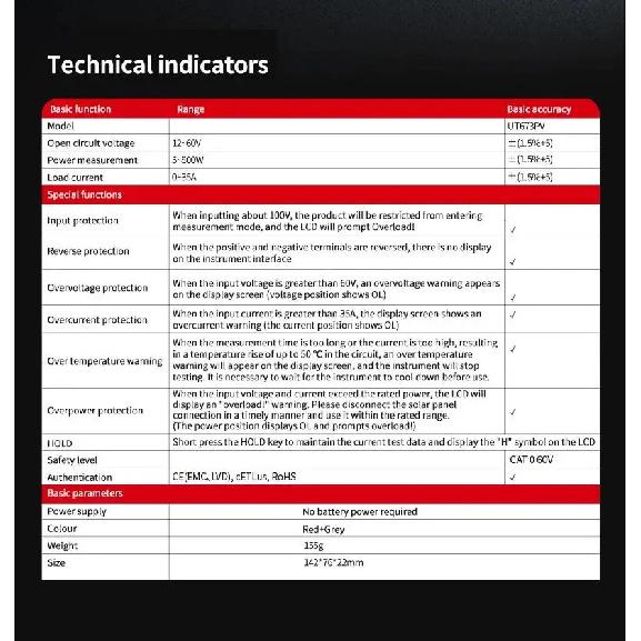 UNI-T UT673PV Solar Panel Tester Solar MPPT Meter Maximum Photovoltaic Power Pmax Vmp Lmp Voc Lsc PV Solar Panel Multimeter
