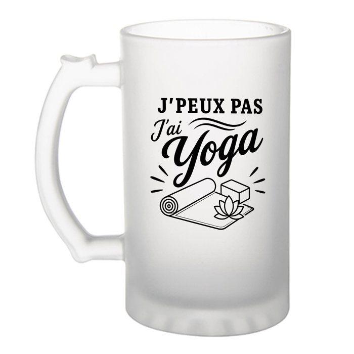 Chope à bière - PLANETEE - J'peux pas j'ai Yoga (minimaliste) - 470 ml - Verre trempé givré - Anse recto-verso