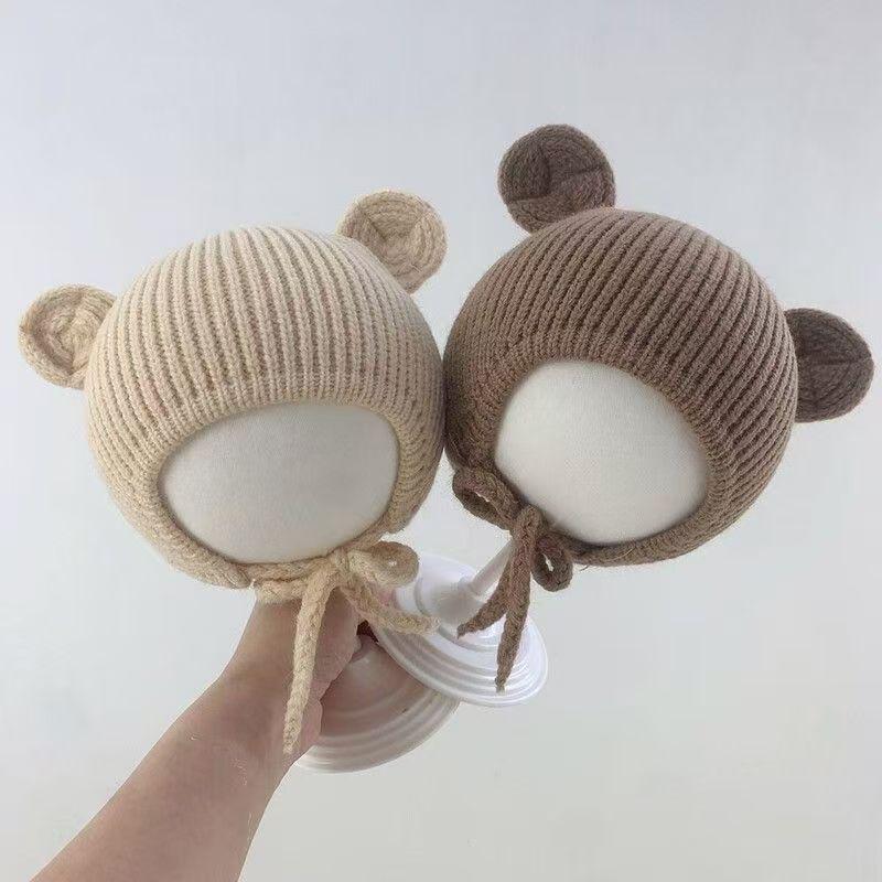 Children's Cute Knit Hat with Round Ears - Autumn/Winter Wool Hat with Drawstring and Ear Protection for Boys and Girls
