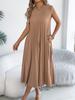 women's Round Neck Cap Sleeve Pleated Maxi Dress Loose Fit Pocket Casual Summer Long Dress