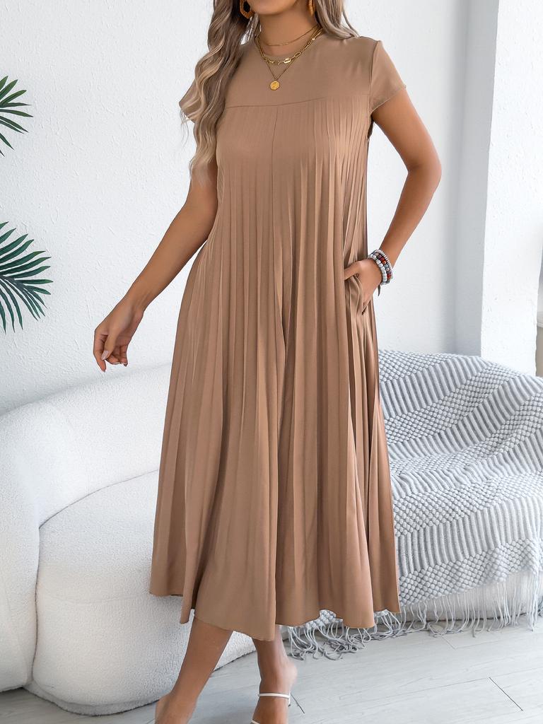 women's Round Neck Cap Sleeve Pleated Maxi Dress Loose Fit Pocket Casual Summer Long Dress