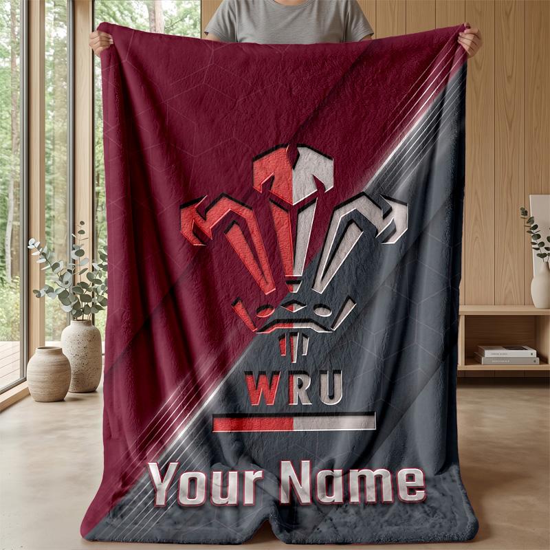 Wales Rugby Custom Flannel Throw Blanket Print Your Name Text Soft Warm Blanket Holiday Present