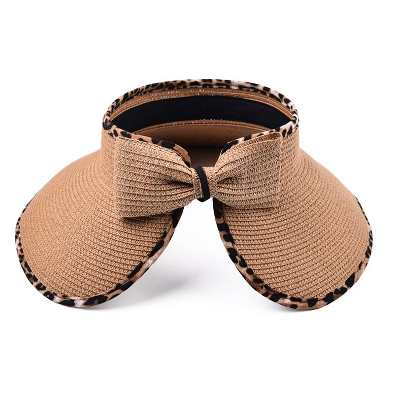 Foldable Leopard Trim Sun Protection Women Empty Top Hat Fashion New Shade Summer Straw Hat Sun Visor Cap One Size