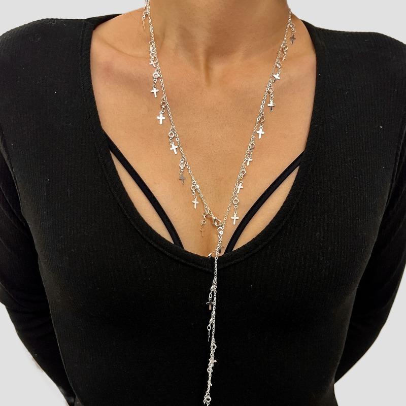 

Multi-layered cross necklace - women s y2k style long tassel choker - trendy ins fashion
