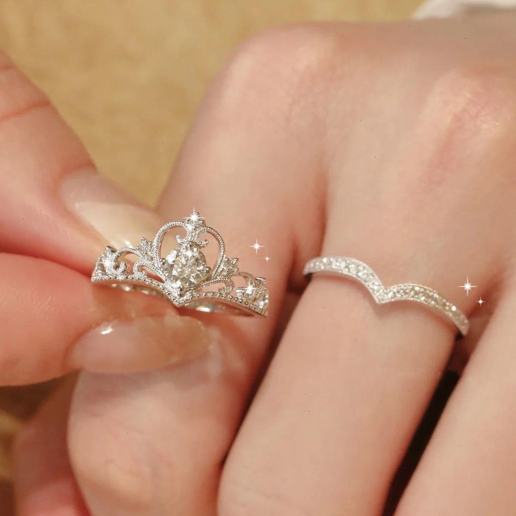 Stainless Steel 2PCS Crystal Crown Adjustable Ring Irregular Geometry Vintage Rings Set for Women Girls New  Jewelry Gift
