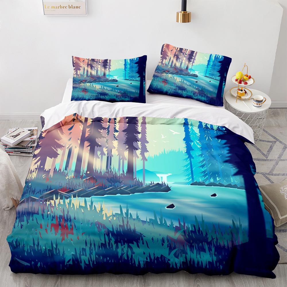 Green Forest King Queen Duvet Cover Fairy Cartoon Trees Elk Bedding Set For Adults Plant Animal 2/3pcs Polyester Comforter Cover