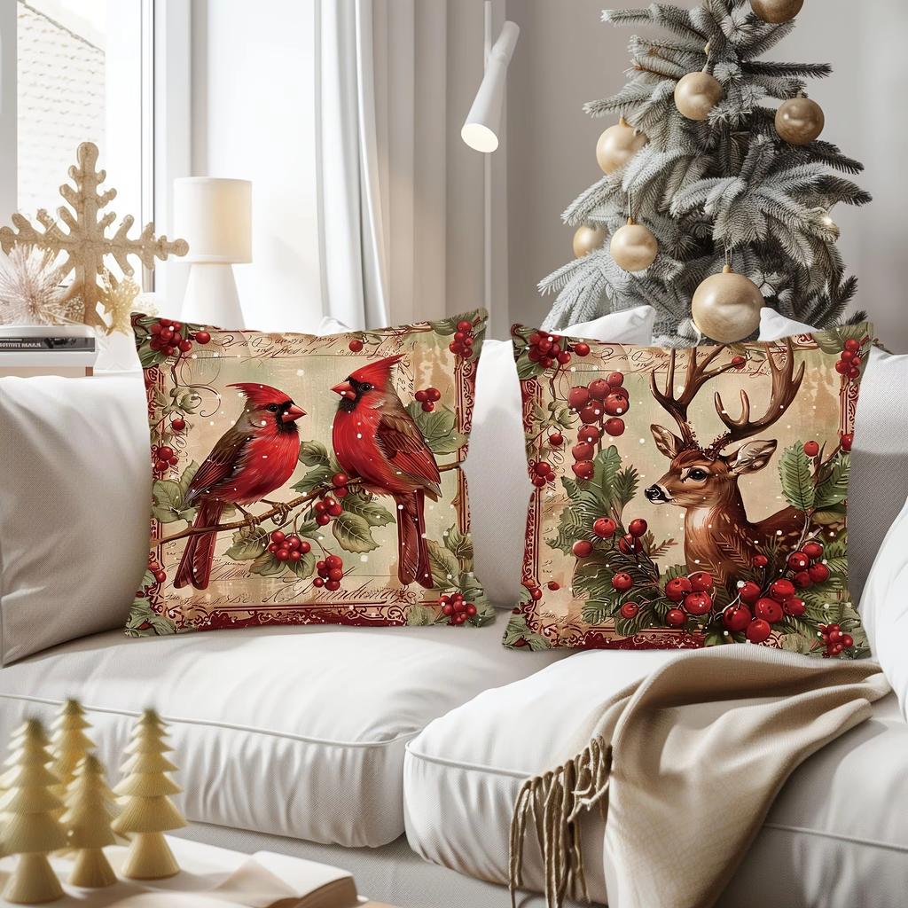 Christmas Decorative Pillow Case Vintage Red Xmas Deer Bishop Wreath Print Sofa Cushion Cover Home Decor