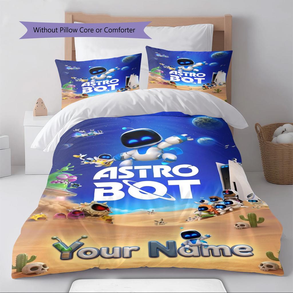 Name Custom Astro Bot Pattern Bedding Set Quilt Cover Pillowcase Home Decor Gift (1 * Duvet Cover + 2 * Pillowcase, Without Core)