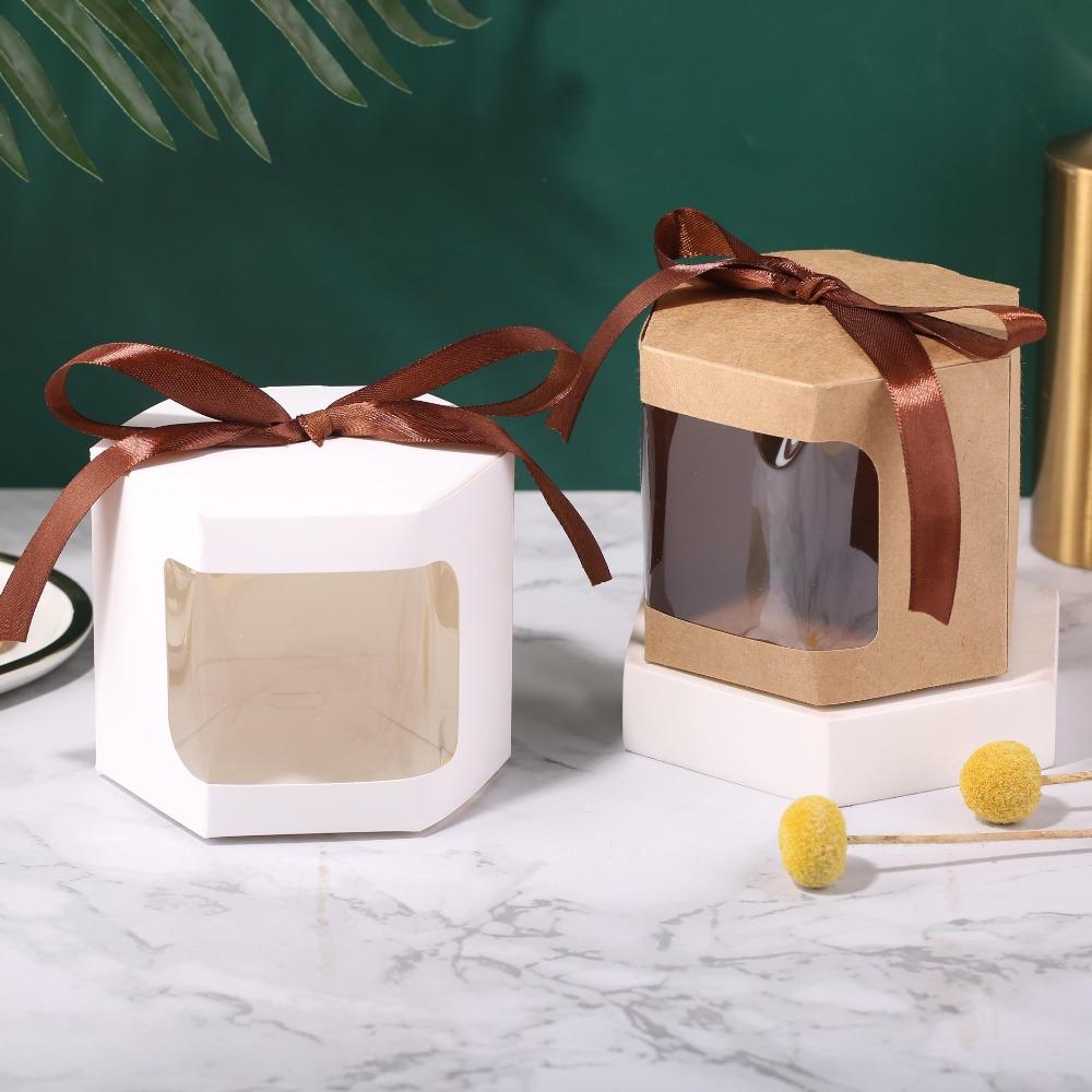 15pcs Treat Boxes with Window Gift Containers Kraft Paper Hexagonal Gift Boxes Gift Wrap Boxes for Birthdays Parties Weddings Festivals