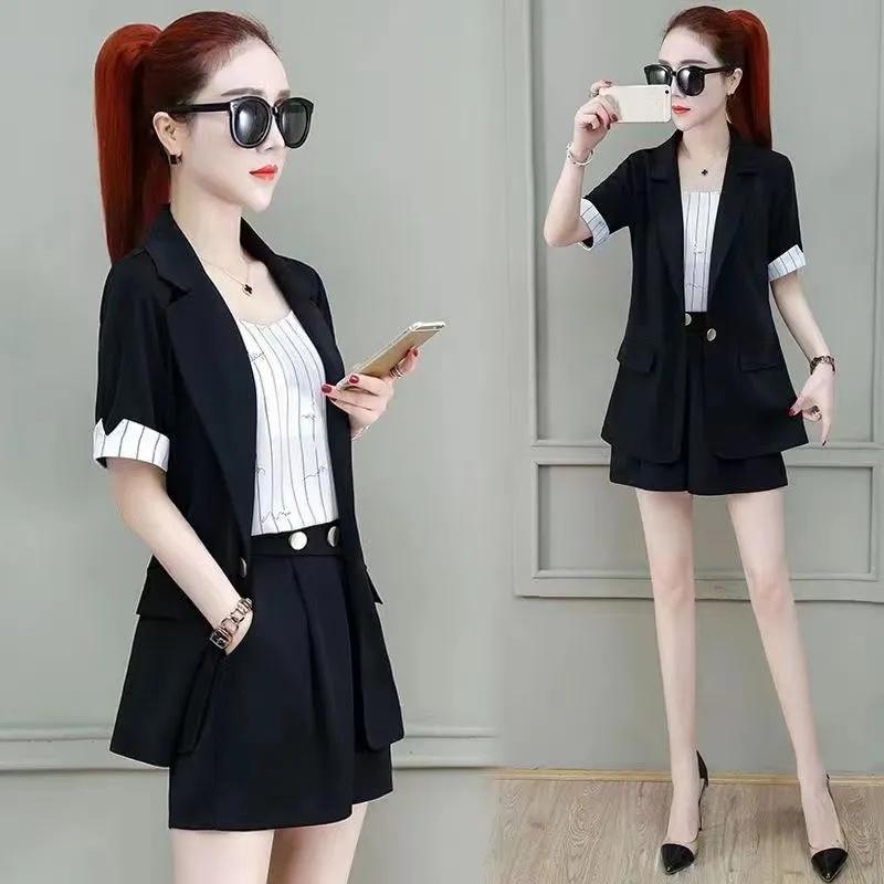 Sommeranzug für Damen, Temperament, Pendler, kurzärmeliges Oberteil + einfarbiges Design, Persönlichkeits-Shorts-Anzug
