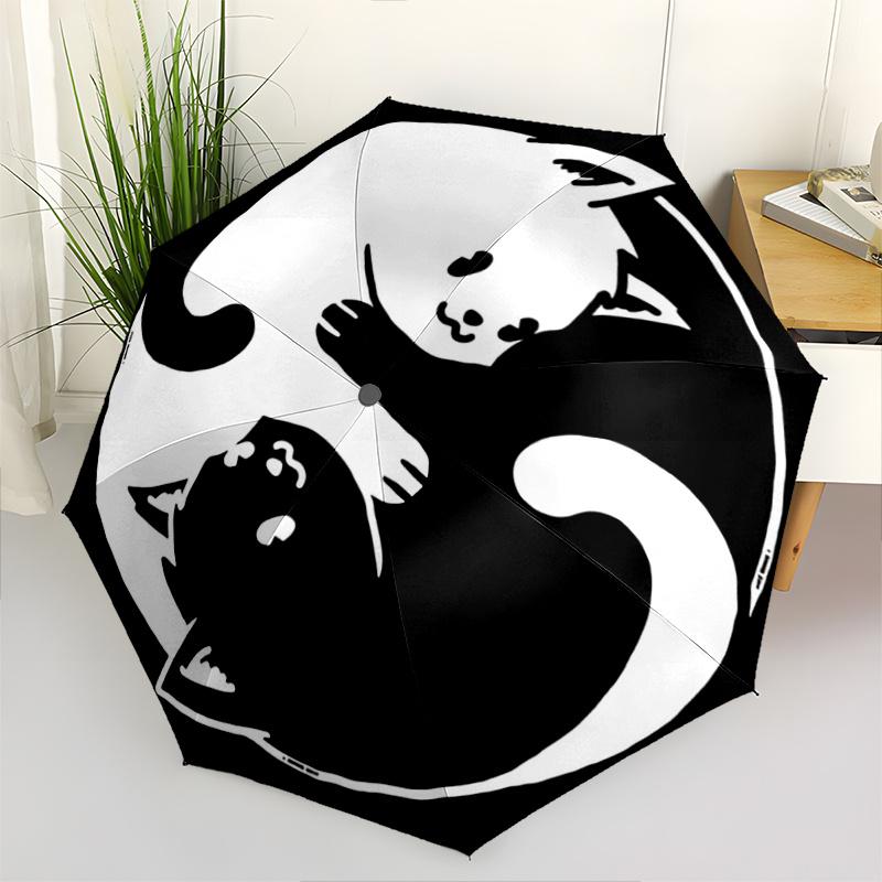 1pc Yin and Yang White Cat and Black Cat Automatic Opening and Closing Cartoon Practical Umbrella - Small Umbrella Suitable for Various Occasions A094