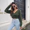 Balloon Sleeve Sweater Women Solid Color Cropped Knotted V Neck Autumn Winter Sizes S to L