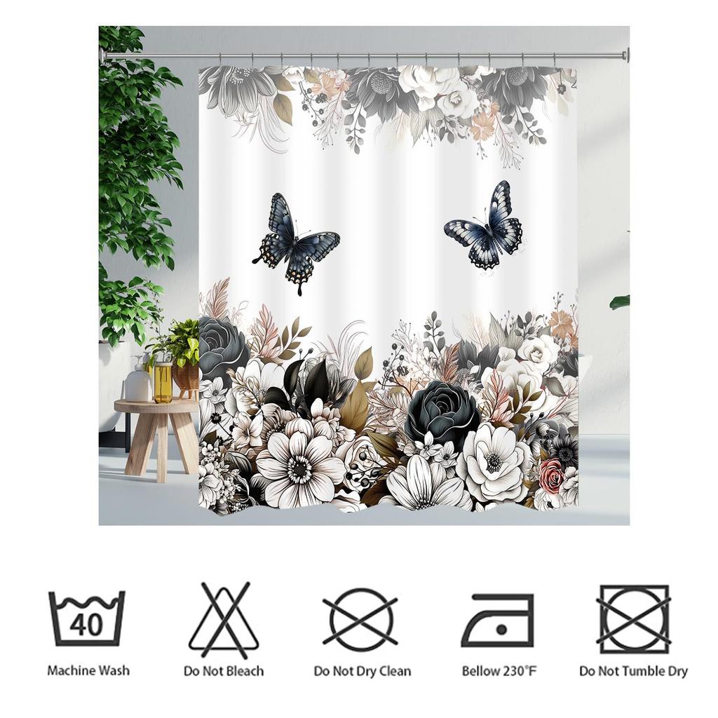 Black And White Flower Shower Curtain Flower Butterfly Shower Curtain With Hook Dark Flower Leaf Plant Bathroom Curtain Waterproof Shower Curtain