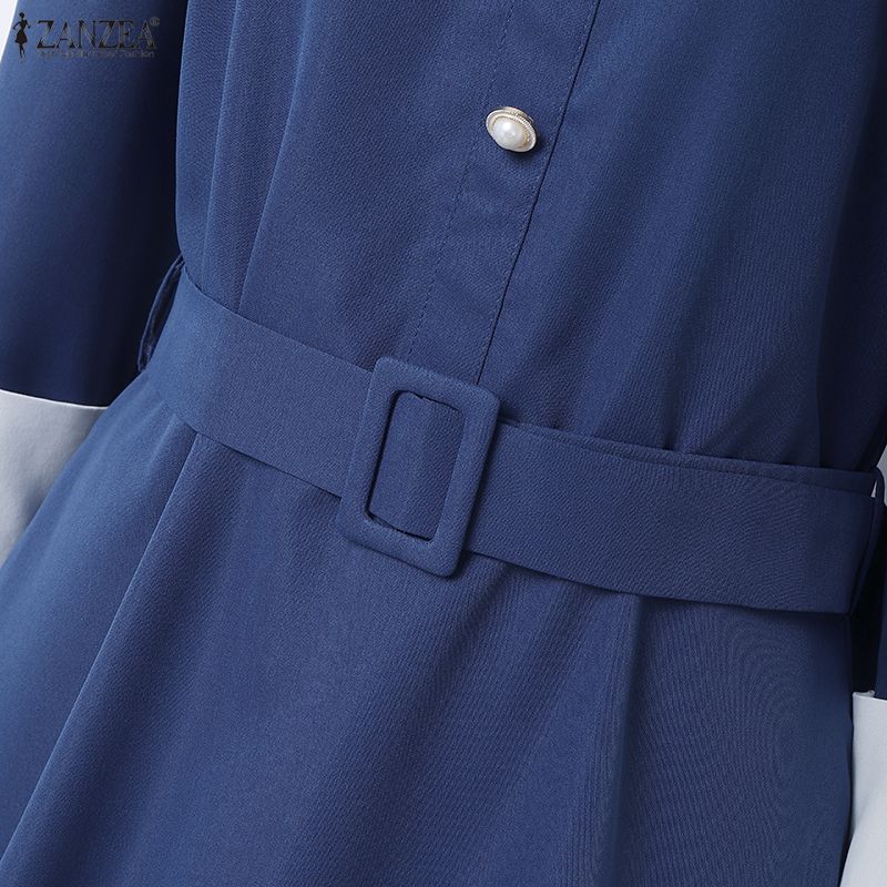 ZANZEA Women Splice Collar 3/4 Sleeve Casual Long Dress