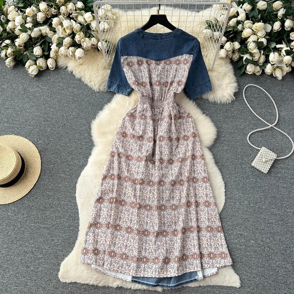 Summer Women Casual A-line V Neck Pullover Denim Patchwork Women Dresses Print Floral Short Sleeve Female Long Dress