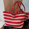 2025 Korean version of large-capacity tote bag contrasting color striped bucket bag summer new hollow lazy wind woven bag