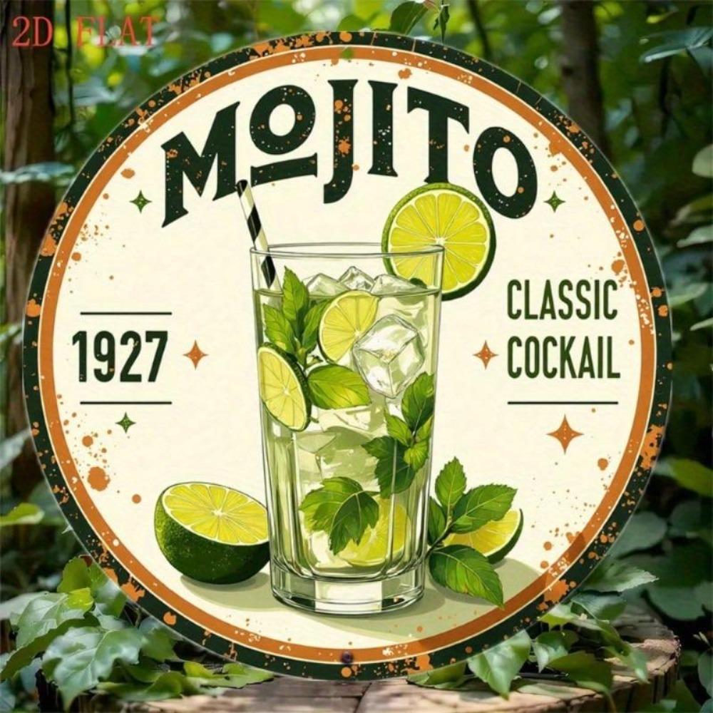 Vintage plechová cedule Mojito koktejl, kulatá, rustikální dekorace na stěnu