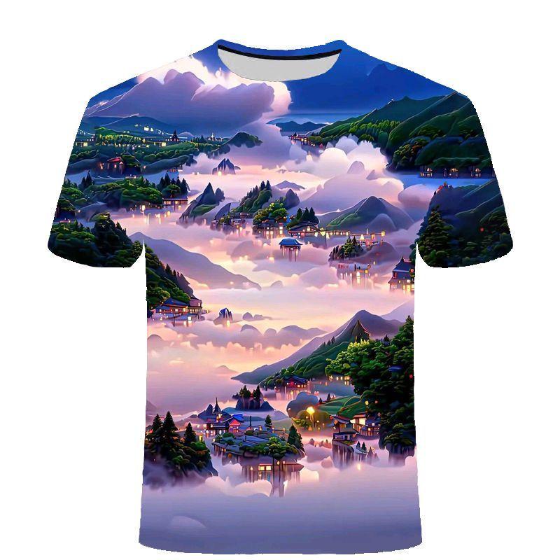

2024 Лето Новый Топ Четыре Сезона Пейзаж 3D Печатный Короткий Рукав Повседневный Трендовый Мужской и Женский Модный Футболка 6XL