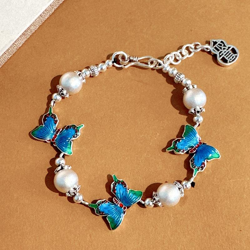 999 Foot Silver Three Butterfly Bracelet Versatile New Chinese Burnt Blue Craft Gram Adjustment Women's Accessories Original Design