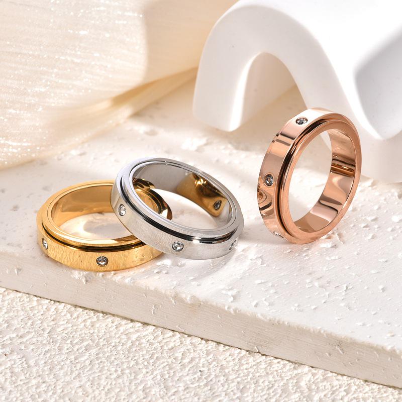 Elegant 5mm Colorfast Titanium Steel Rotating Rings with Inlaid Diamonds for Couples