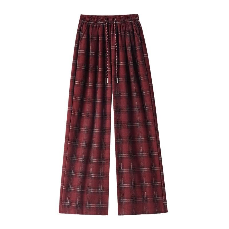 Plus Velvet Woolen Plaid Pants Women's Autumn and Winter Retro Straight Casual Loose Wide-leg Pants
