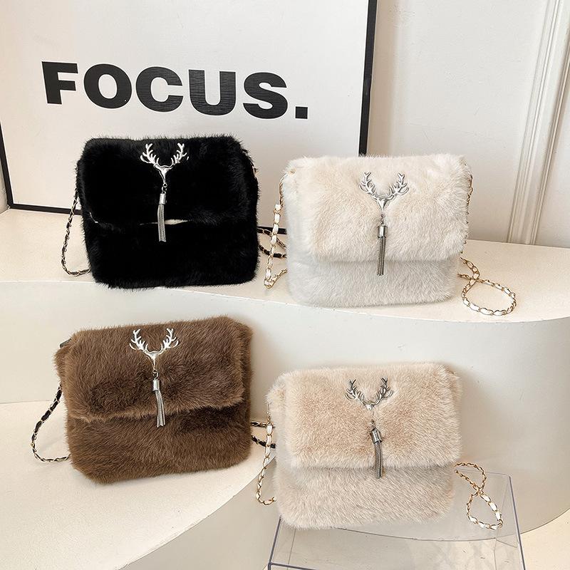 2025 Autumn/Winter Plush Tassel Antler Crossbody Shoulder Bag - Versatile Small Square Fashion Handbag