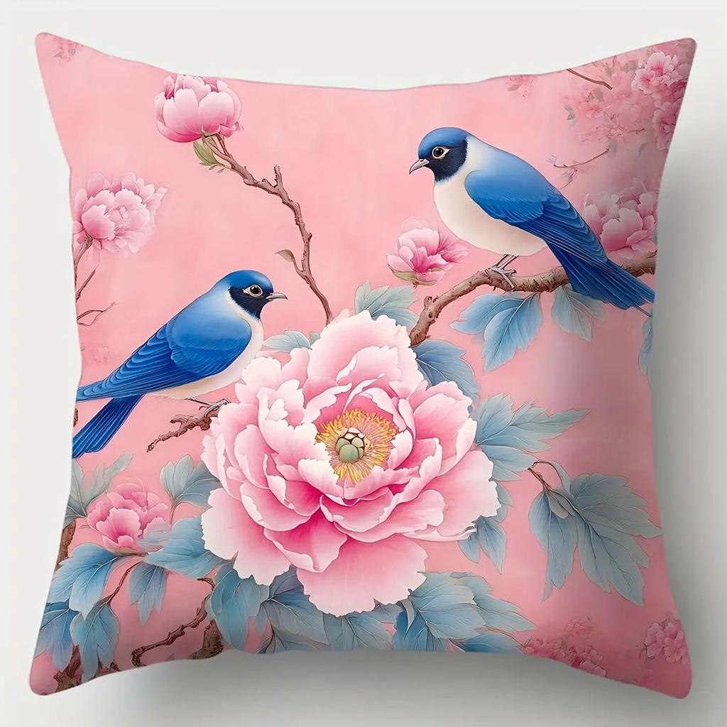 Pink Peony Blue Bird Pillow Covers, Chinese Floral Art Decorative Throw Pillow Cases, Chinoiserie Home Decor Cushion Covers
