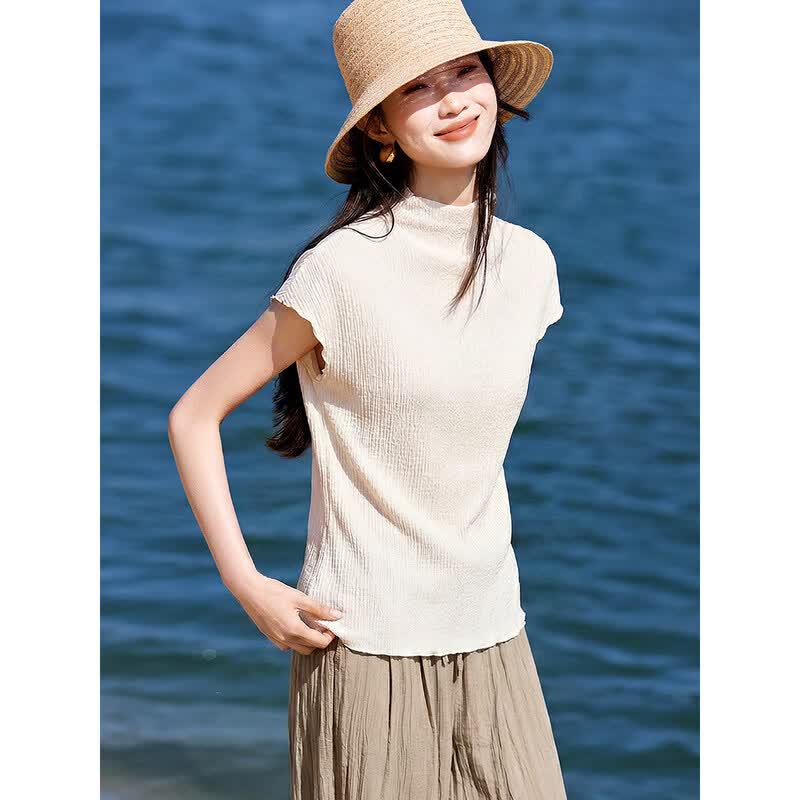 Mohan Yimei 2026 Summer Miyake-style Pleated Slim-fit Short Sleeve T-shirt M грязно-белый