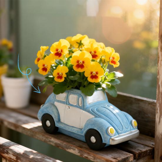 Retro brouk Auto Sukulentní Květináč, Velkokapacitní Květináč ve Tvaru Auta se Stárkovanou Glazurou Modrobílý Povrch, Kreativní Dekorace na Stůl pro Terasu Balkon