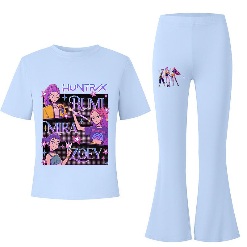 Demon Slayer KPOP Theme Big Kids Summer Short Sleeve T-Shirt + Draped Flared Pants Comfortable Non-Sweaty
