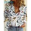 Women's Fashion Printed Long Sleeved Lapel Shirt Spring New Bird 3D Drawing Patterns Blouses Tops Casual Office Ladies Shirt Top