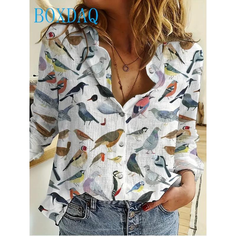 Women s Fashion Printed Long Sleeved Lapel Shirt Spring New Bird 3D Drawing Patterns blouses Tops Casual Office Ladies Shirt Top S